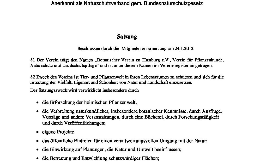 Satzung des Botanischen Vereins zu Hamburg, Stand 2012
